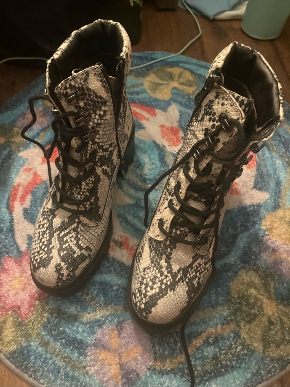 Snake Print Lace-Up Ankle Boots in Black & Cream